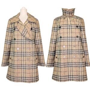 Burberry Nova Check Plaid Wool Double Breasted Long Coat Beige Navy Red 14